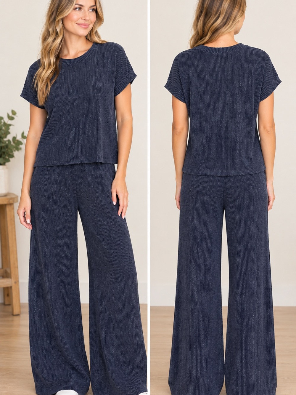 Zenana Outfitters Navy Wide-Leg Lounge Set NWOT